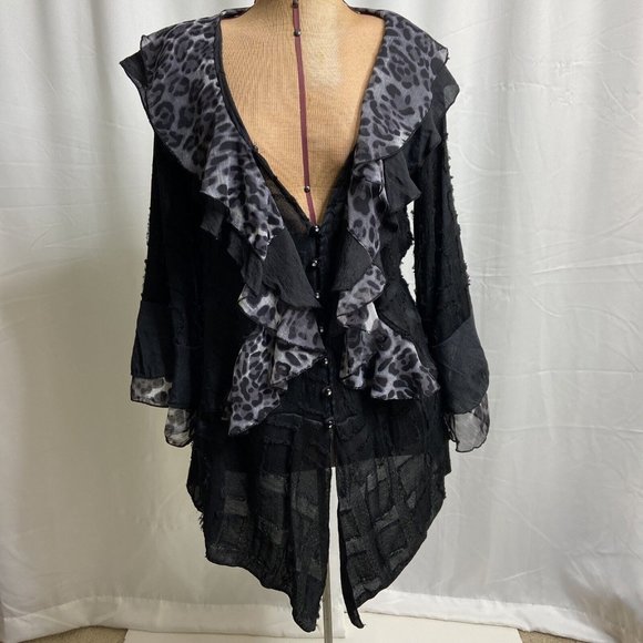 New PRETTY ANGEL Blouse Button Shirt Animal Print Ruffles Gypsy Bohemian Black L - Picture 1 of 16